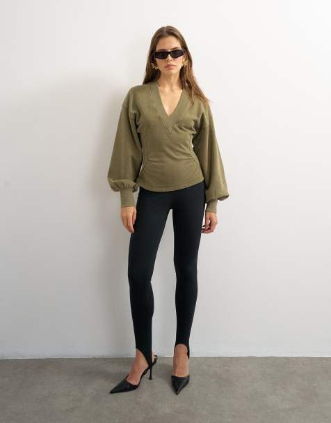 Topshop v-neck cinch waist sweatshirt in khaki - view 1