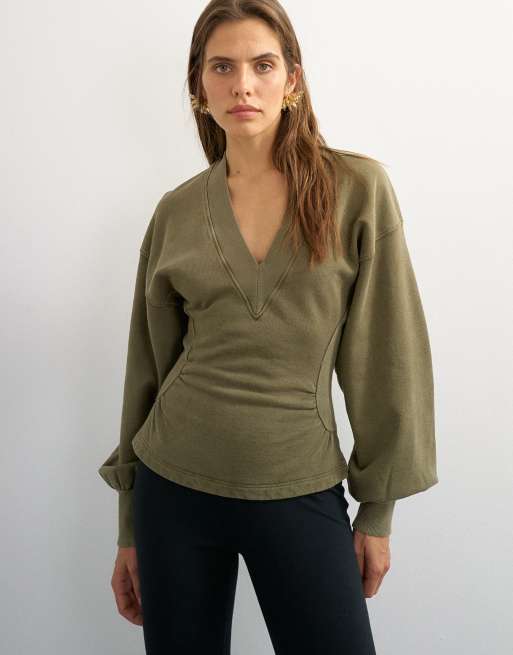 Topshop v-neck cinch waist sweatshirt in khaki, 3 of 4
