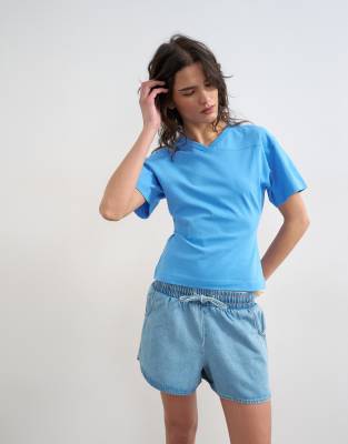Topshop V-neck Cinched T-shirt In Blue