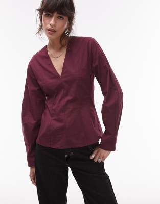 v neck cotton waisted long sleeve top in burgundy-Red