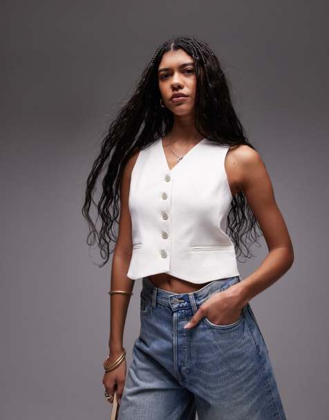 Topshop v neck cropped waistcoat in white - view 1