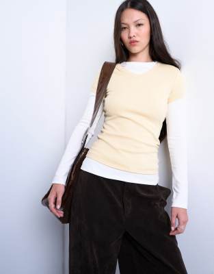 Topshop V-neck Double Layer Long Sleeve Top In Yellow