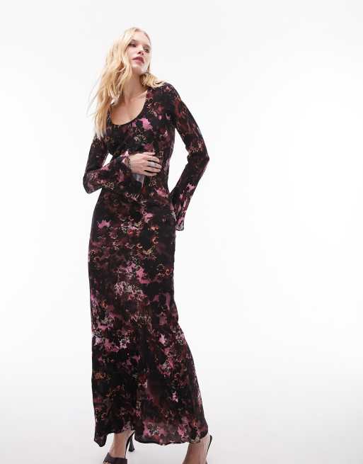 Topshop V-neck fluted sleeve scoop neck maxi column dress in dark floral print