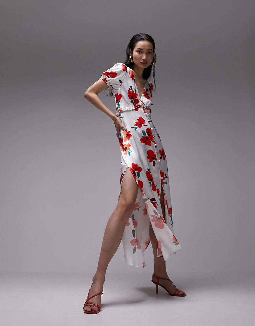 Topshop v neck flutter sleeve printed maxi dress with in poppy print-Multi