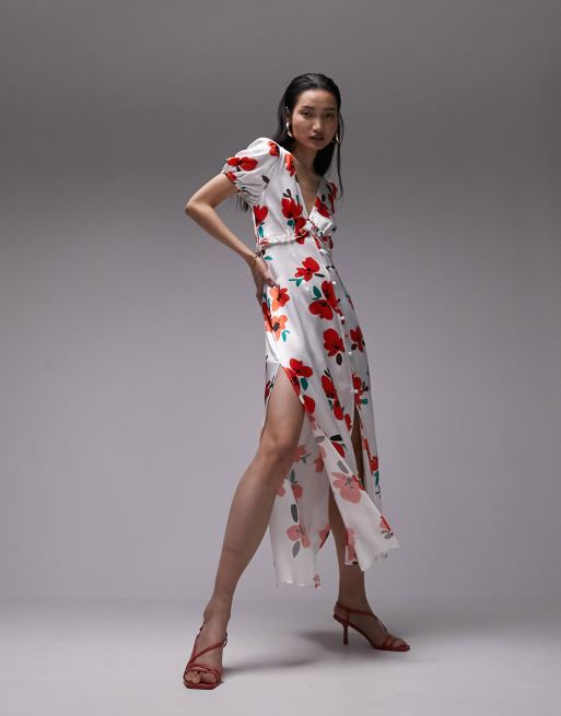 White Poppy Print Flutter Sleeve Midi Dress