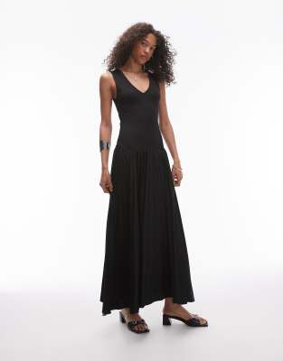 Topshop V Neck Jersey And Pleated Midi Dress In Black