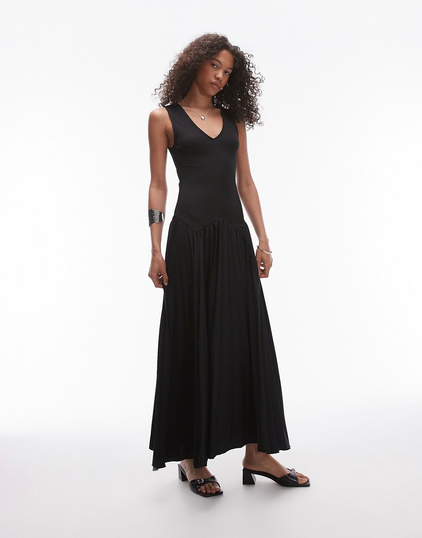 Topshop v neck jersey and pleated midi dress in black