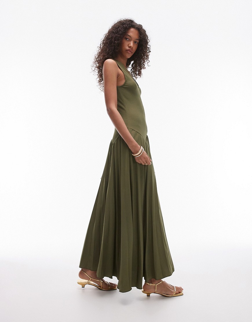 Topshop v neck jersey and pleated midi dress in khaki-Green