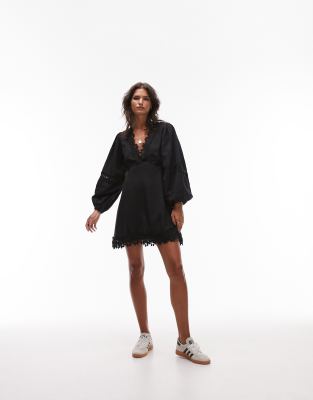 Topshop knitted high V-neck mini oversized dress in Navy