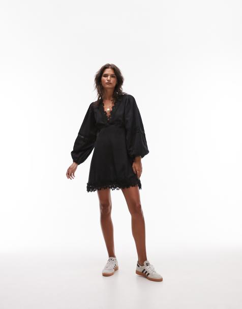 Topshop v-neck lace mini tea dress in black