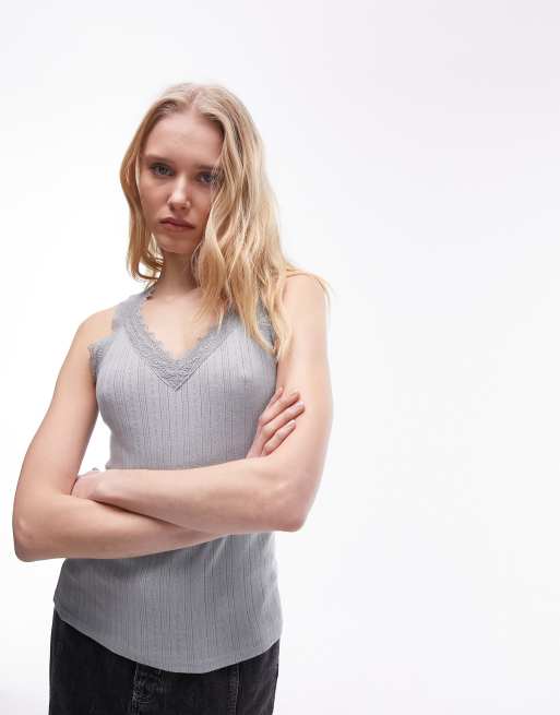 Topshop v neck lace pointelle cami in gray