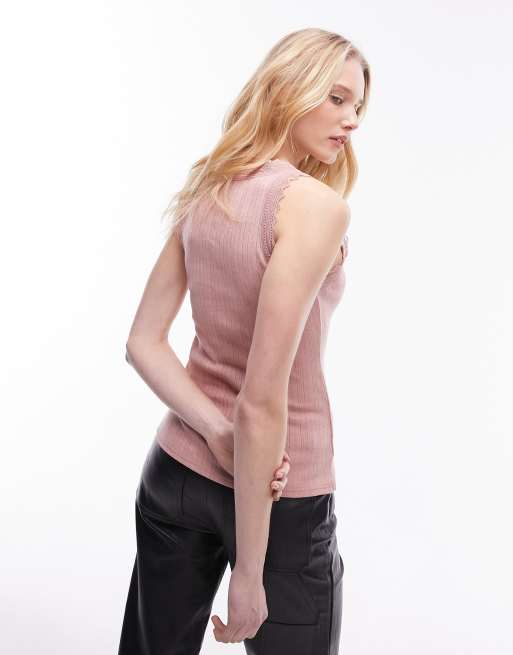Topshop v neck lace pointelle cami in soft pink, 2 of 4