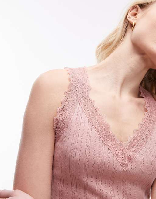 Topshop v neck lace pointelle cami in soft pink, 4 of 4
