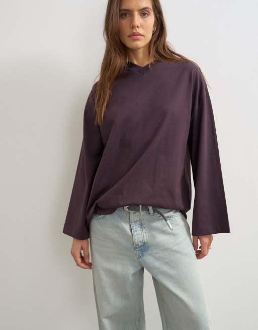 Topshop v neck long sleeve skater top in chocolate, 2 of 4