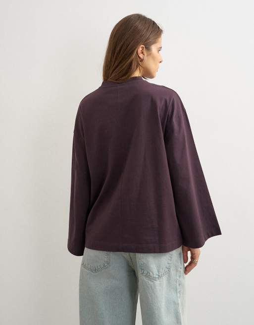 Topshop v neck long sleeve skater top in chocolate, 3 of 4