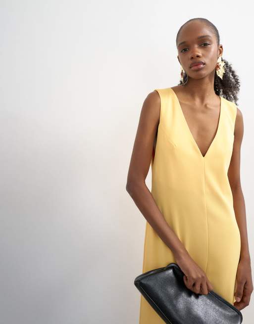 Topshop v neck low armhole clean maxi dress with deep hem in mango, 3 of 4