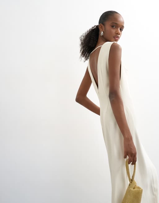 Topshop v neck low armhole clean maxi dress with deep hem in off white, 2 of 4