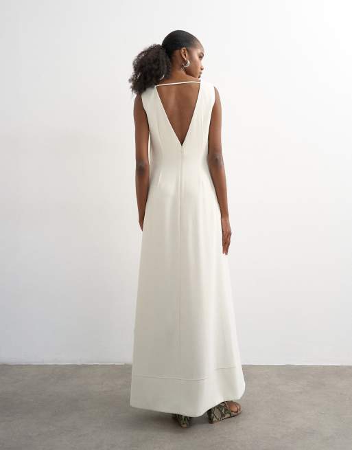 Topshop v neck low armhole clean maxi dress with deep hem in off white, 3 of 4