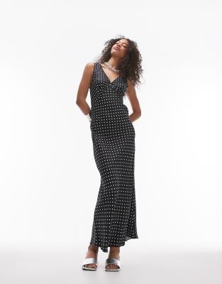 v neck midi length slip dress in mono spot-Black