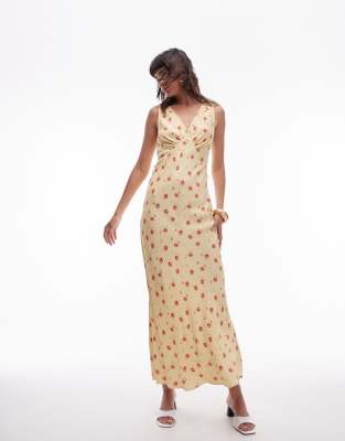 Topshop V Neck Midi Length Slip Dress In Yellow And Red Rose Print