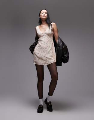 Topshop v neck mini dress in pink ditsy floral print - view 1