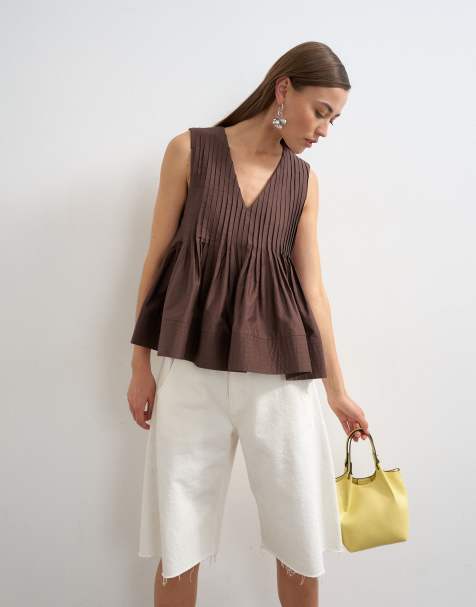 Topshop v neck pintuck detail a line top in chocolate - view 1