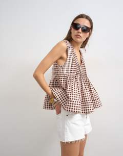 V neck pintuck detail a line top in gingham check 