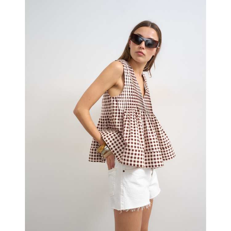 Topshop v neck pintuck detail a line top in gingham plaid | ASOS