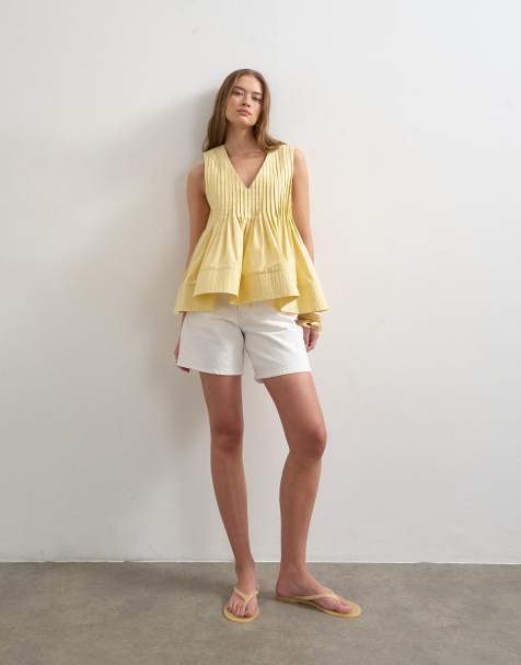 Topshop v-neck pintuck detail a-line top in lemon yellow - view 1