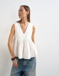 V neck pintuck detail a line top in white