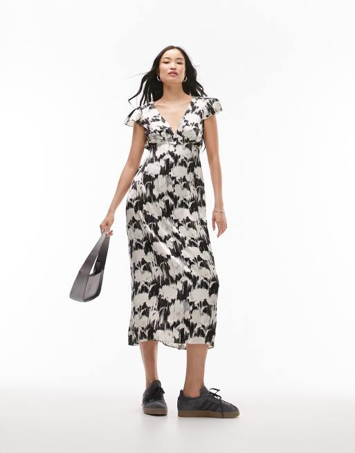 Topshop v neck printed midi dress in mono blurred floral, 2 of 4