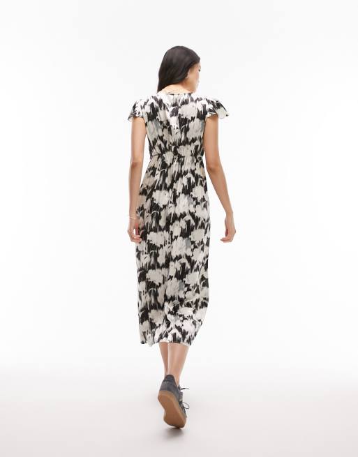 Topshop v neck printed midi dress in mono blurred floral, 3 of 4
