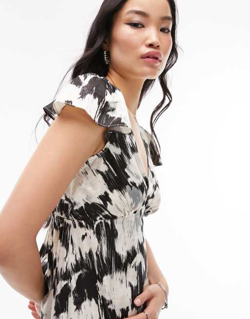 Topshop v neck printed midi dress in mono blurred floral, 4 of 4