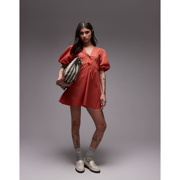 brown puff sleeve mini dress Topshop V Neck in rust Topshop