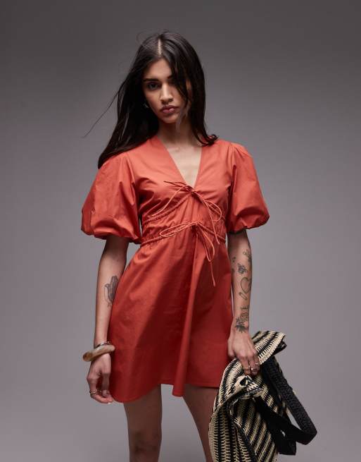 Topshop v neck puff sleeve mini dress in rust brown, 3 of 4