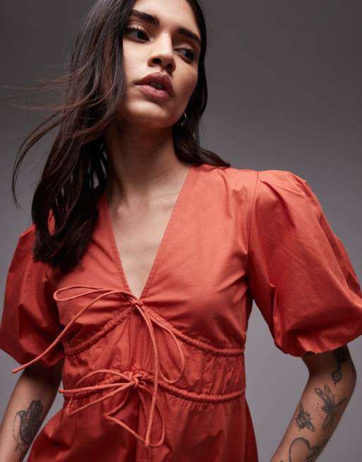 Topshop v neck puff sleeve mini dress in rust brown, 4 of 4