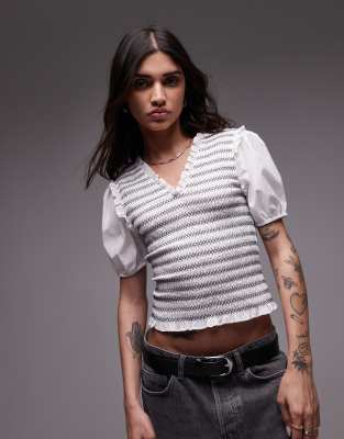 v neck puff sleeve shirred top in black and white stripe-Multi