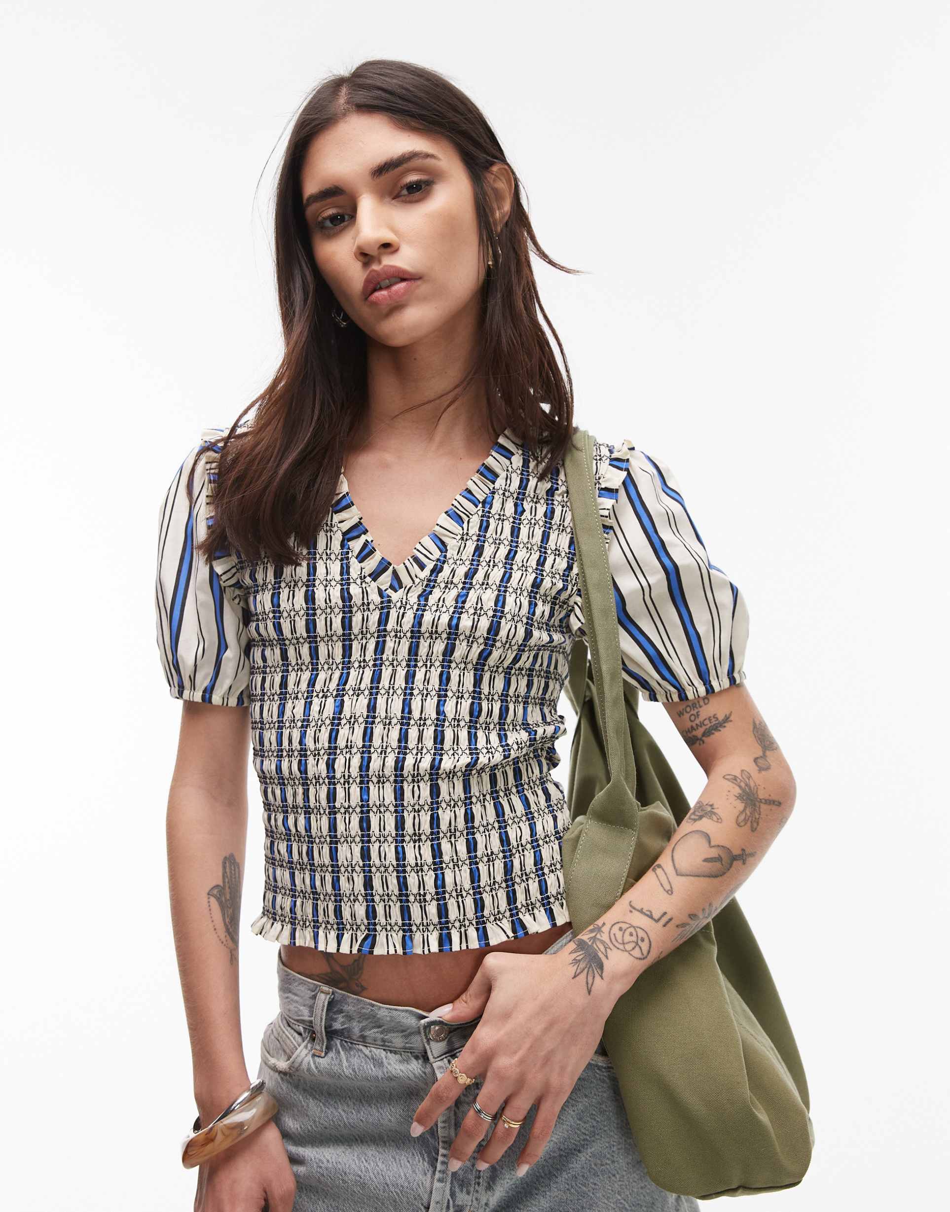 topshop v neck puff sleeve shirred top in ivory and blue stripe