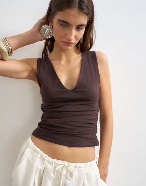 Topshop v-neck ruched sides tank top in chocolate - view 1