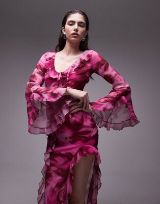 Topshop v neck ruffle midi dress with split in pink blurred print