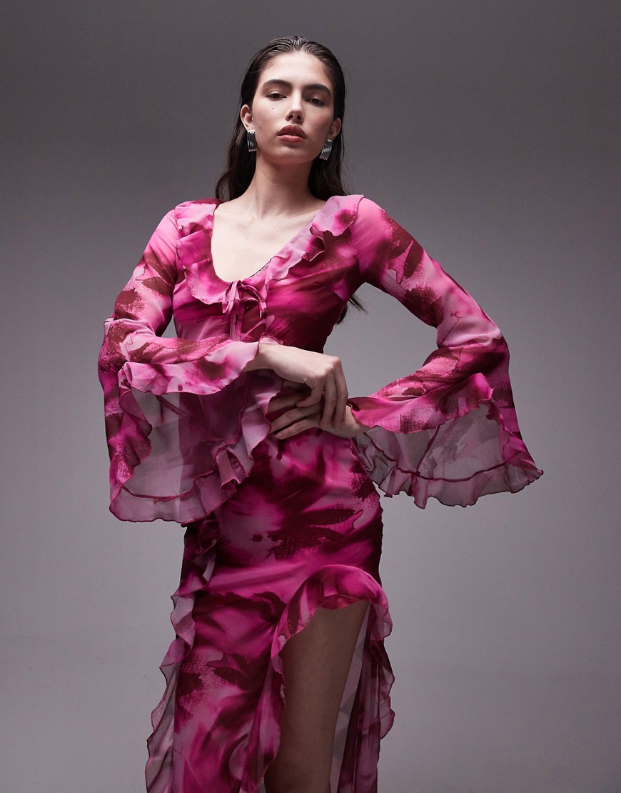 Topshop v neck ruffle midi dress with split in pink blurred print-Multi