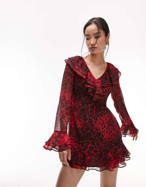 Topshop v neck ruffle mini tea dress in red animal print