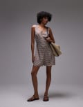 [Topshop] Topshop v neck satin playsuit in small brown check S BROWN