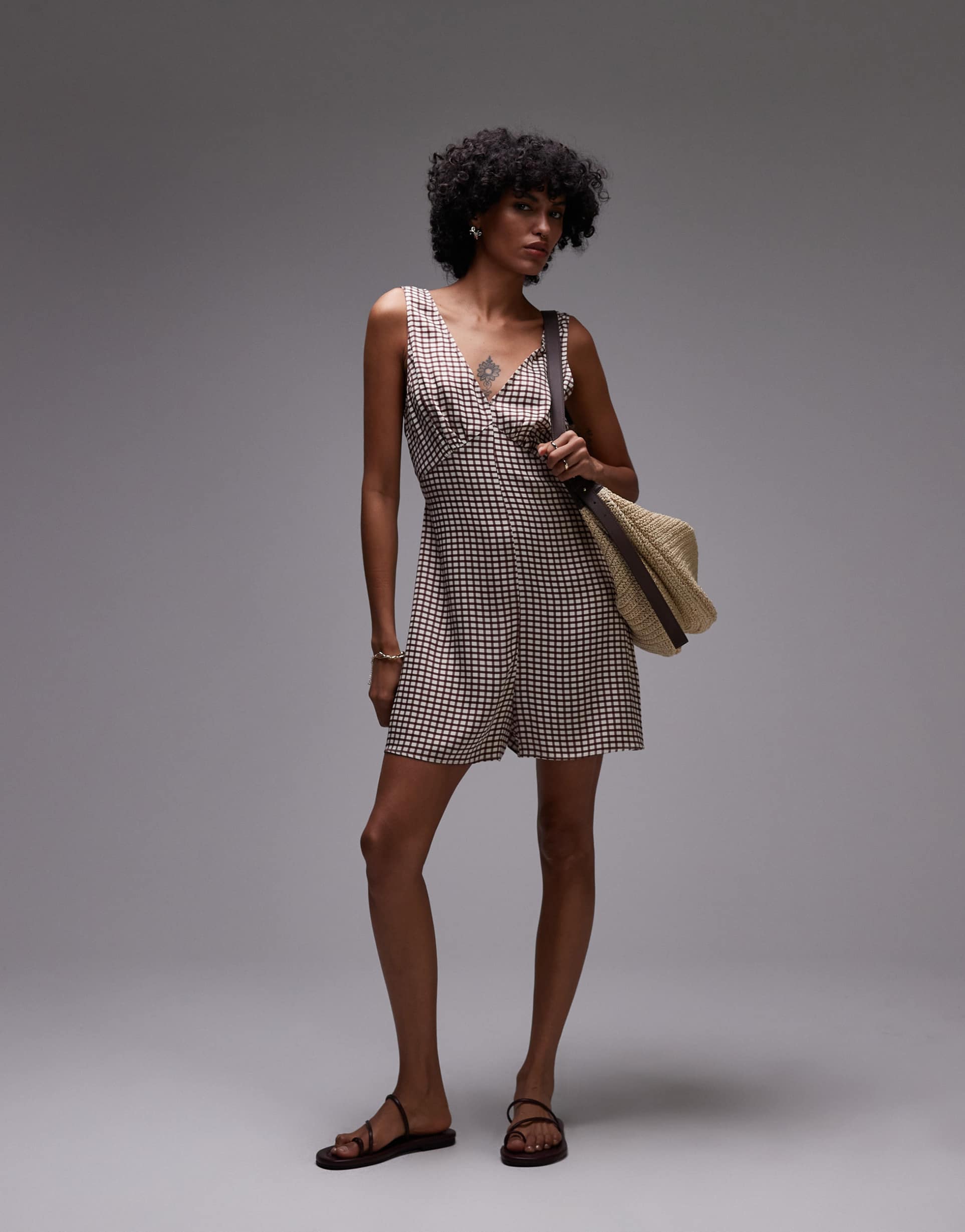 topshop v-neck satin romper in small brown check