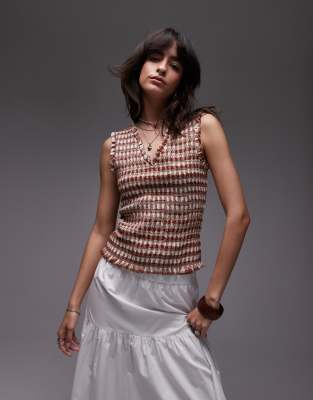 Topshop V-neck Sleeveless Shirred Top In Brown