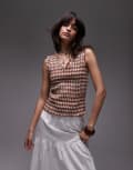 [Topshop] Topshop V neck sleeveless shirred top in rust gingham-Brown 14 RUST