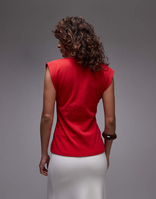 Topshop v-neck sleeveless structured top in red, 3 of 4