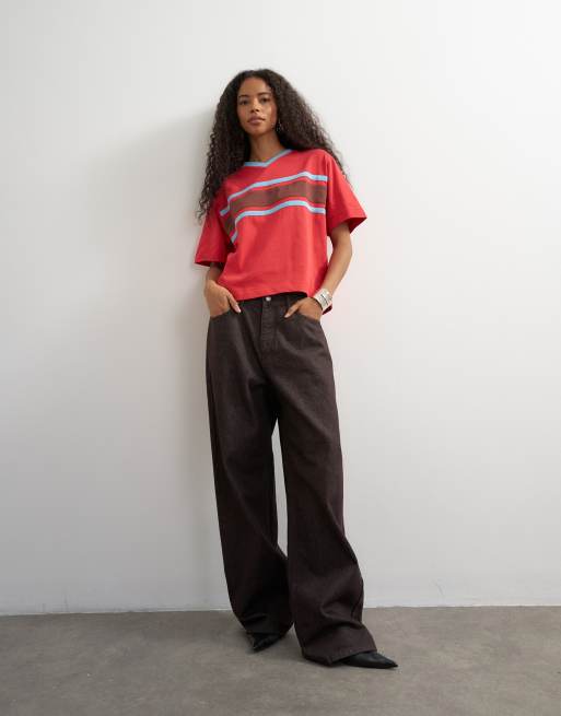 Topshop v neck stripe detail short sleeve t shirt in red, 2 of 4