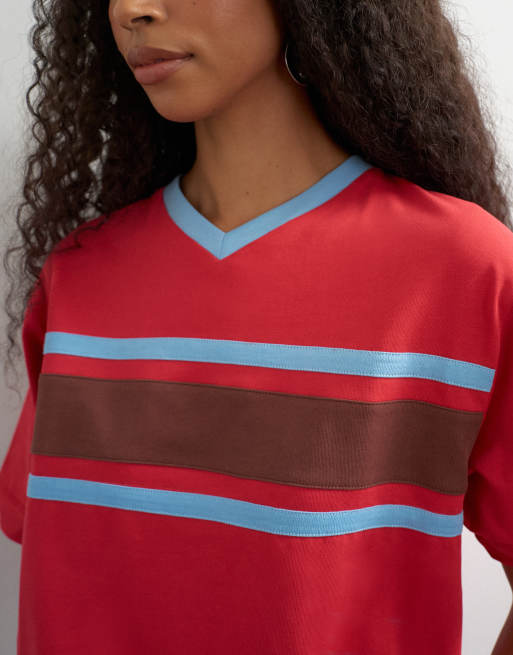 Topshop v neck stripe detail short sleeve t shirt in red, 4 of 4