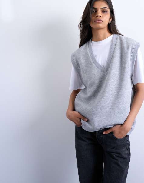 Topshop v-neck sweat singlet in grey marl - view 1